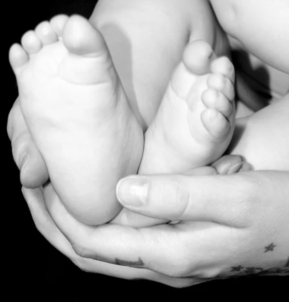 Bardzo ładny mały niemowlę nogi w ręce matki — Zdjęcie stockowe