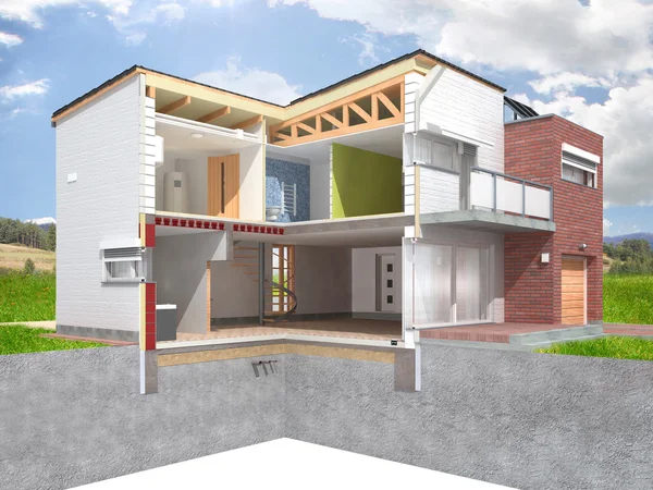 Illustration eines modernen Hauses im Abschnitt mit natürlichem Hintergrund. — Stockfoto