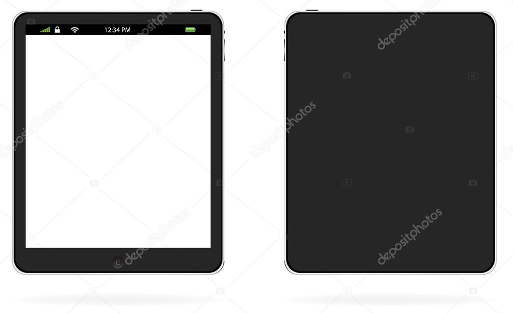 Vector realistic tablet computer with a white screen and black frame.