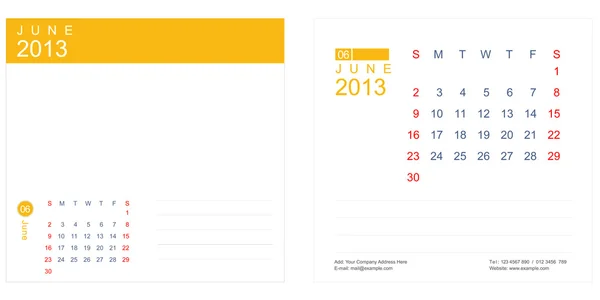 Terminarz wektor kalendarz czerwiec 2013 — Wektor stockowy