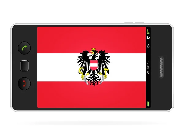 Teléfono móvil realista sobre fondo blanco con bandera de Austria — Vector de stock