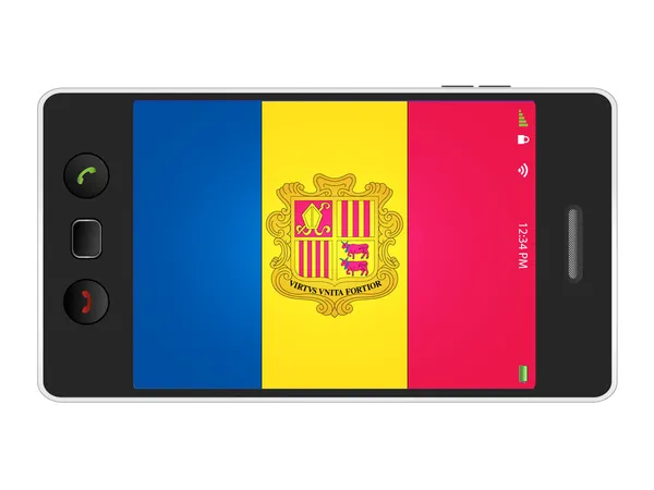Telefone celular realista em fundo branco com bandeira de Andorra —  Vetores de Stock