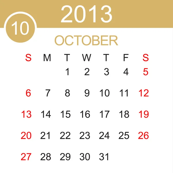 Октябрь 2013 Календарь — стоковый вектор