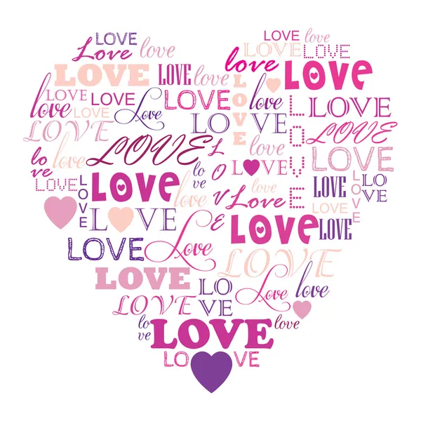 Amor en la palabra collage compuesto en forma de corazón — Vector de stock