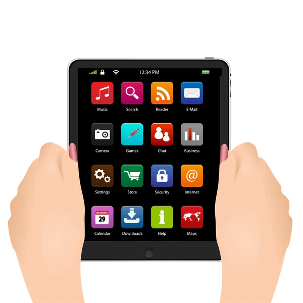 A hand holding touchscreen Tablet Pc with icons. — Stock Vector