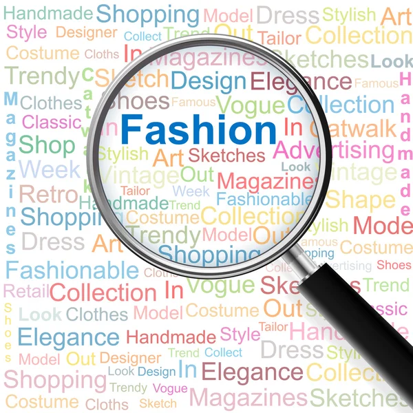 Fashion.Magnifying glass over seamless background with different association terms. Vector illustration.