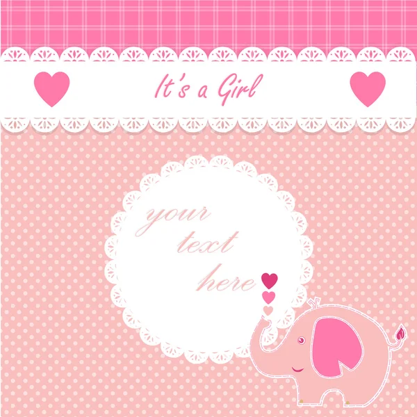 Cute girl baby elephant announcement card. — Stock Vector