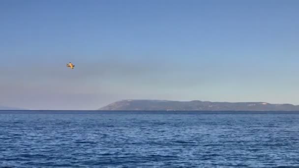Gelbes Flugzeug fliegt über das Meer — Stockvideo