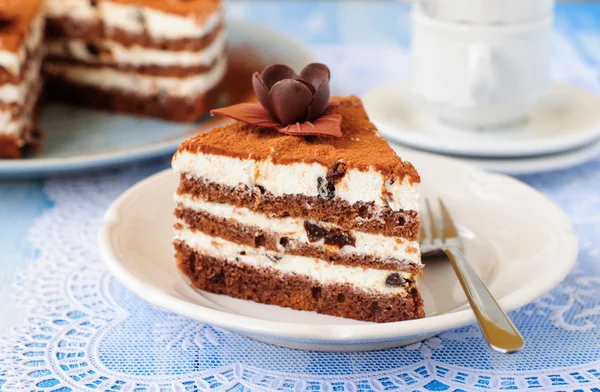 Çikolata, katman kuark ve kuru erik kek — Stok fotoğraf