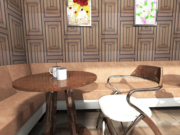 Затишний куточок кафе з маленьким столом, диваном, стільцем і кавою Стокова Картинка