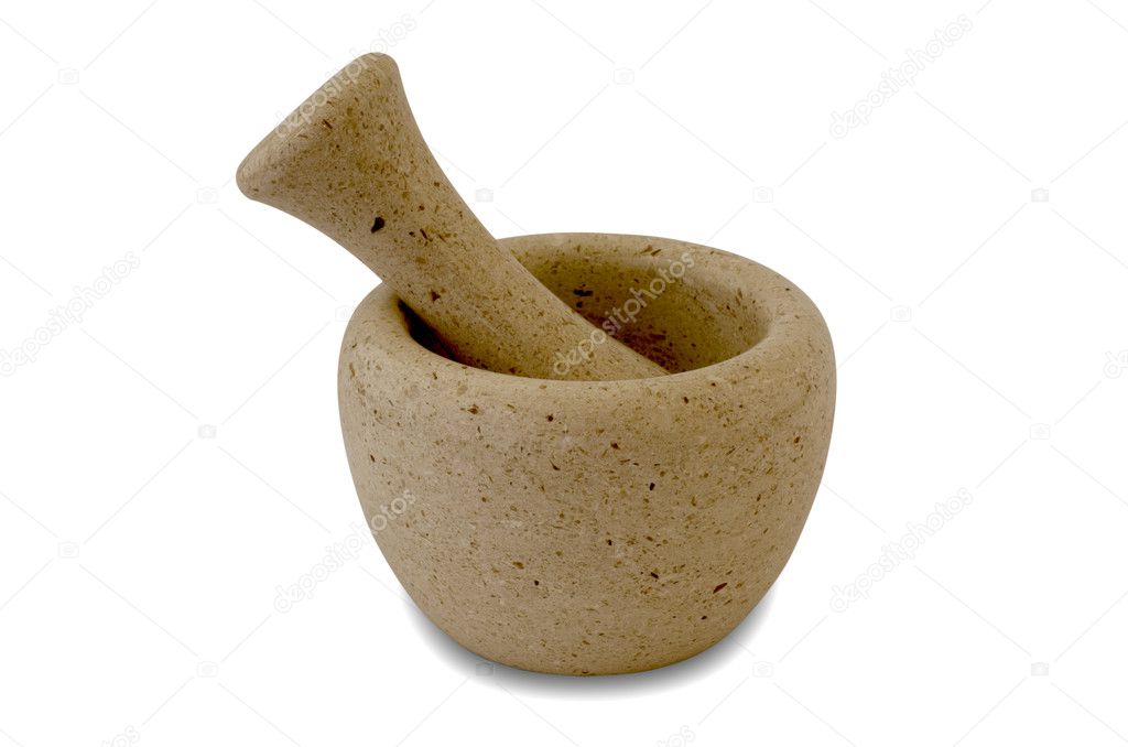 Stone mortar and pestle isolated on white