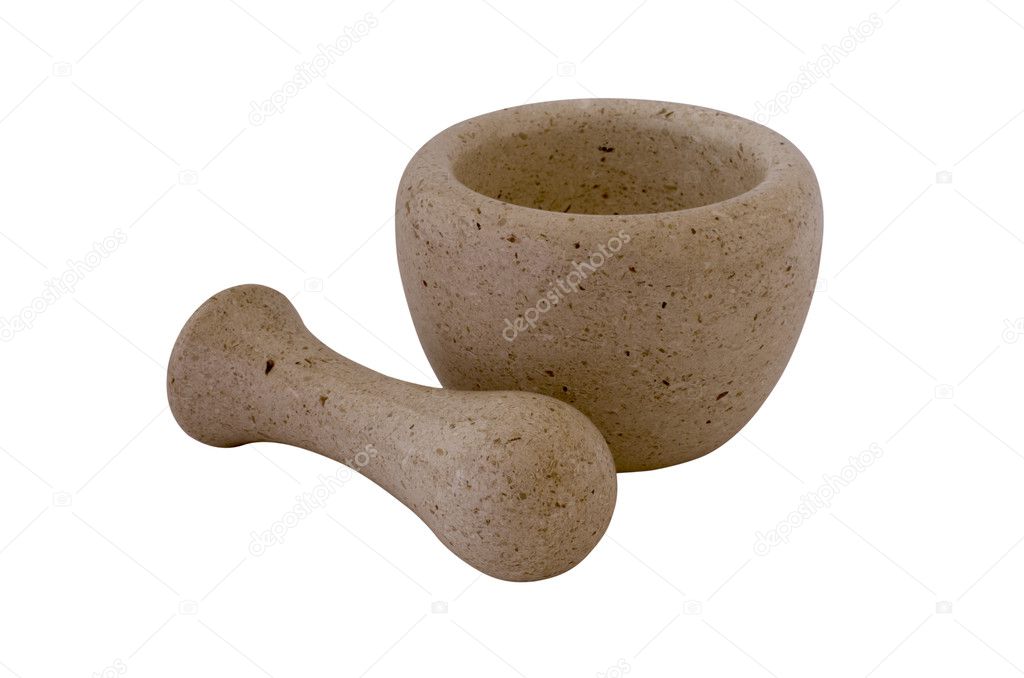 Stone mortar and pestle isolated on white