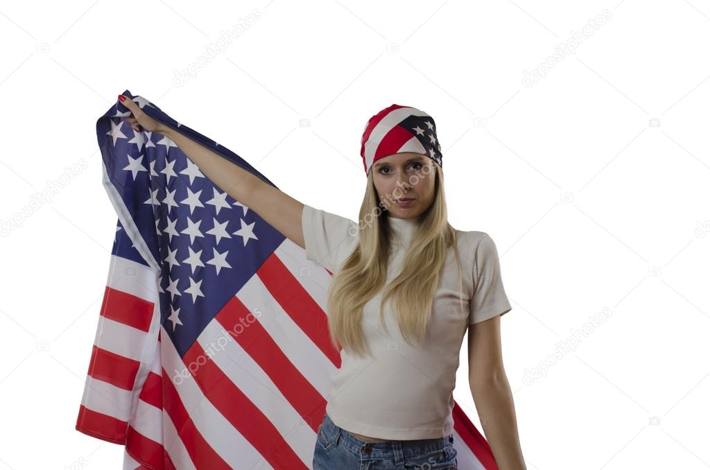 girl holding American flag isolated in white