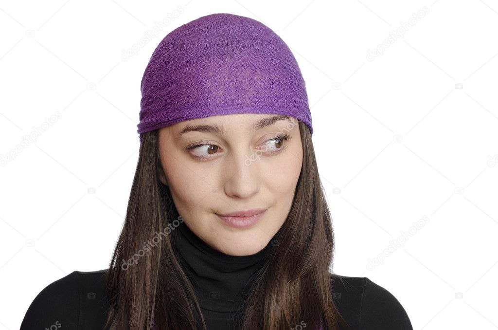 girl wearing purple bandana on white background