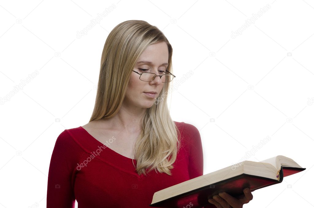 woman reading a book on white background