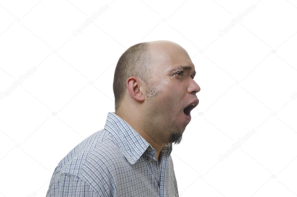 Young man shouting on white background