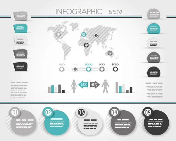 Grijs en turquoise wereld ronde infographic — Stockvector