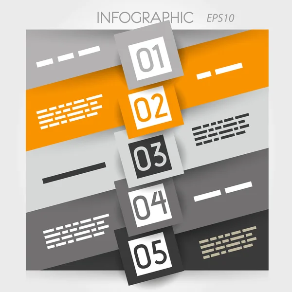 Linea arancione obliqua infografica cinque opzioni con quadrati al centro — Vettoriale Stock