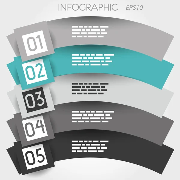 Turquoise boog infographic vijf opties in grote vierkanten — Stockvector