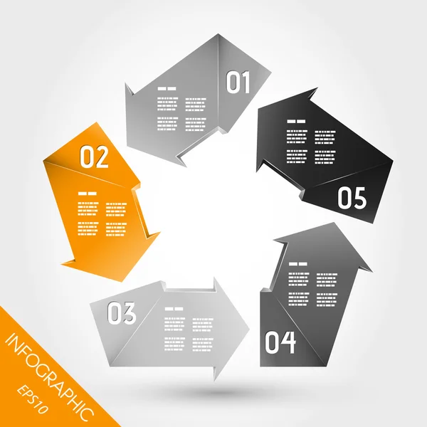Cinq flèches infographiques orange au pentagone — Image vectorielle