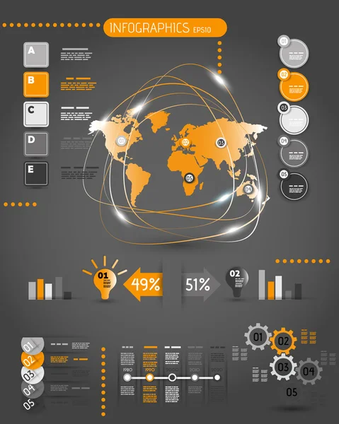 Infográficos do mundo laranja escuro com eletricidade — Vetor de Stock
