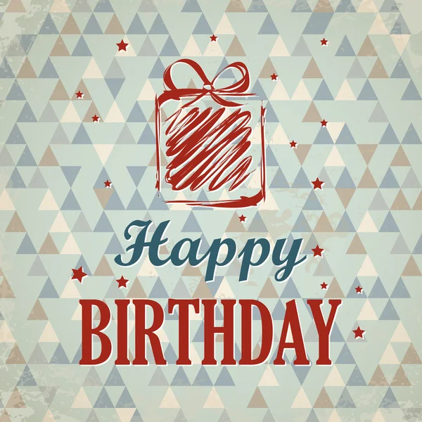 Tarjeta de cumpleaños feliz triangular retro rojo y azul con regalo — Vector de stock