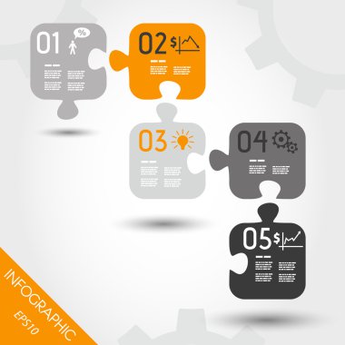 Beş turuncu Infographic bulmaca ile iş ikonları/simgeleri
