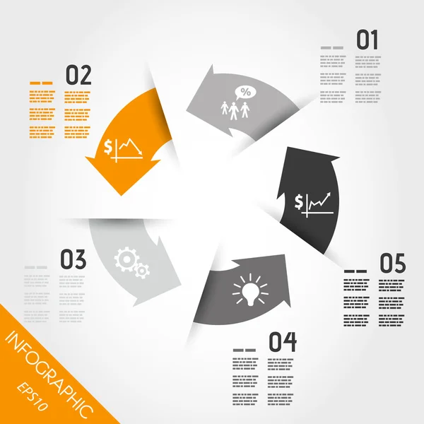 Pět infographic oranžové šipky s ikonami — Stockový vektor