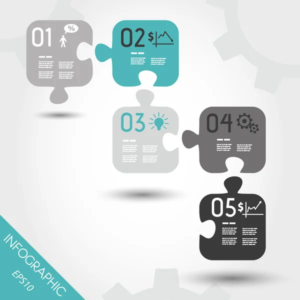 Cinq puzzle infographique turquoise avec des icônes d'affaires — Image vectorielle