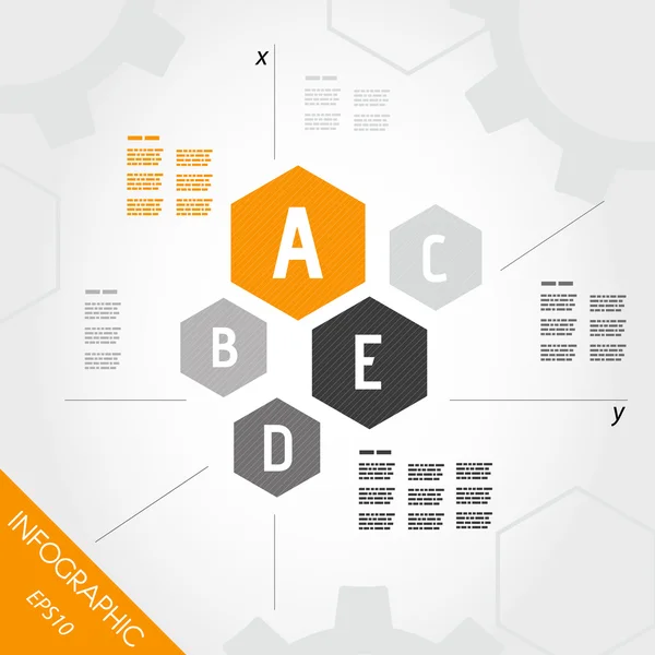 Cinco hexágonos infográficos laranja — Vetor de Stock