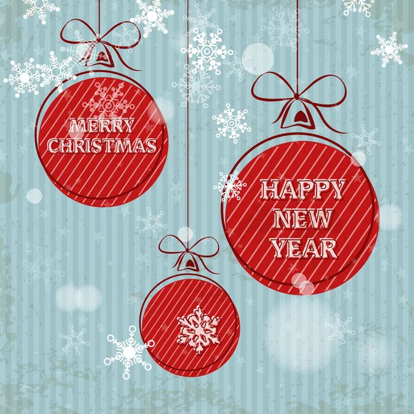 Carte de Noël rétro bleue avec flocons de neige tombants et boules rouges — Image vectorielle