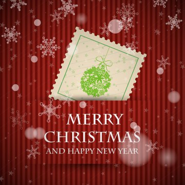 düşen kar taneleri ile kırmızı pul Noel kartı