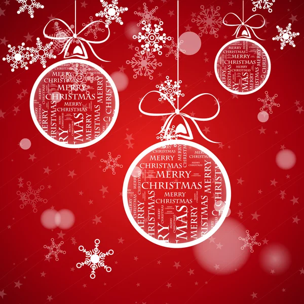 Carte de Noël rouge avec boules et flocons de neige tombant — Image vectorielle