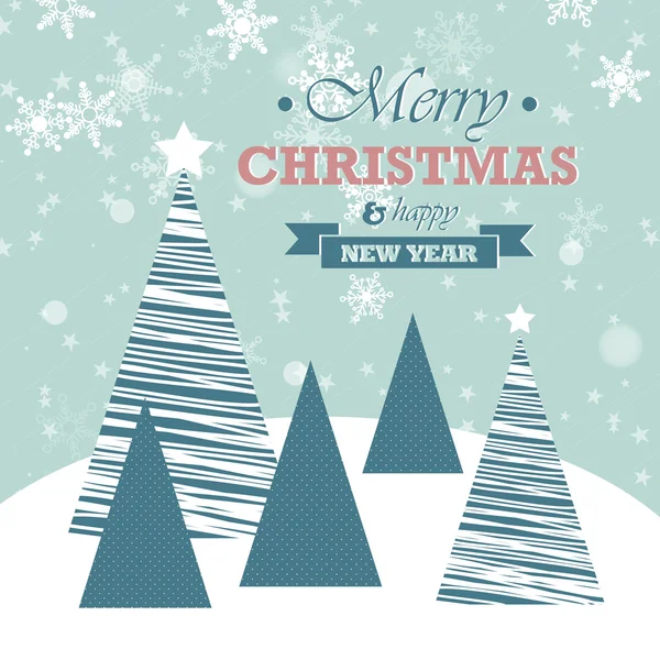 Blaue Weihnachtskarte mit fallenden Schneeflocken und Bäumen — Stockvektor