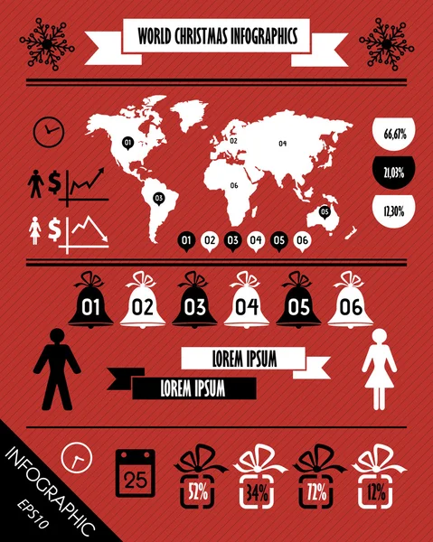 Rot gestreifte Weihnachtswelt Retro-Infografik mit Mann und Frau — Stockvektor