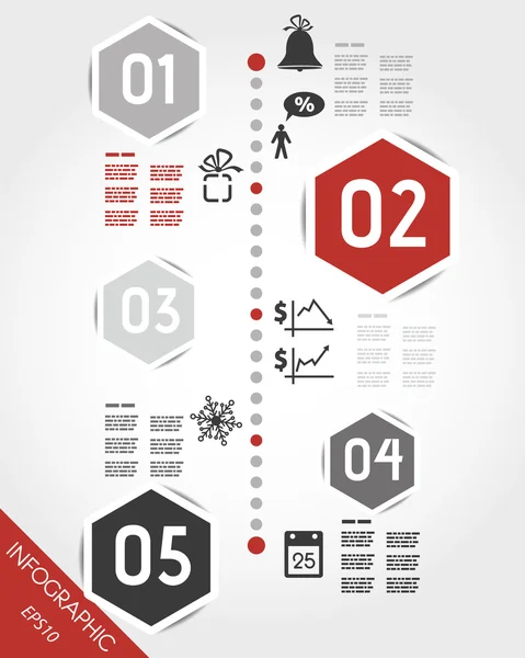 Red christmas timeline with hexagonal icons — Stock Vector