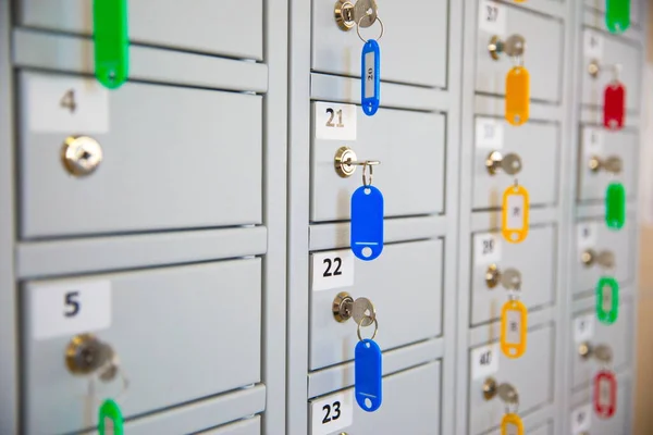 Cabinets in the goods storage office for the general public provide lockers and a secure lock system with number for easy cabinet owners to remember. The concept of protecting assets using lockers