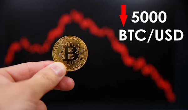 Bitcoinok Ára Árfolyam Leértékelődése 5000 Dollárra Csökkenti Bitcoin Költségét Bitcoin — Stock Fotó
