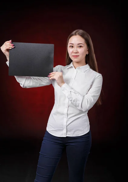 Young Female Student Holding Plate Black Background — Stock Photo, Image