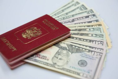 Pasaport ve dolar faturaları seyahat, vatandaşlık değişimi, iş göçü kavramı.