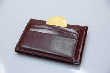 Kahverengi cüzdanda Bitcoin şifreli para birimi var. Elektronik para. Bitcoin düşüşü