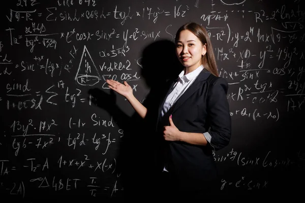 School Teacher Stands Board — Stock Photo, Image