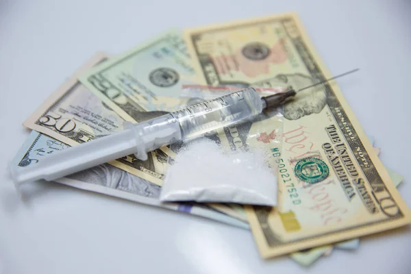 Drogas Dólares Jeringa Drogadicción Tráfico Drogas — Foto de Stock