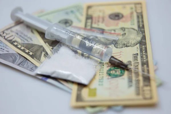 Dinero Píldoras Atención Médica Jeringa Une Estados América Billete Dólar — Foto de Stock