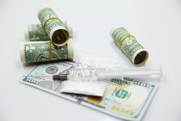 Drogadicción Delincuencia Abuso Drogas Abuso Sustancias Dólares Drogas Jeringa — Foto de Stock