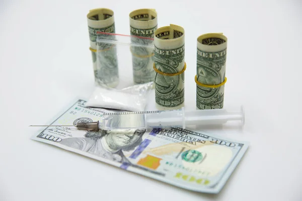 Drogadicción Delincuencia Abuso Drogas Abuso Sustancias Dólares Drogas Jeringa — Foto de Stock