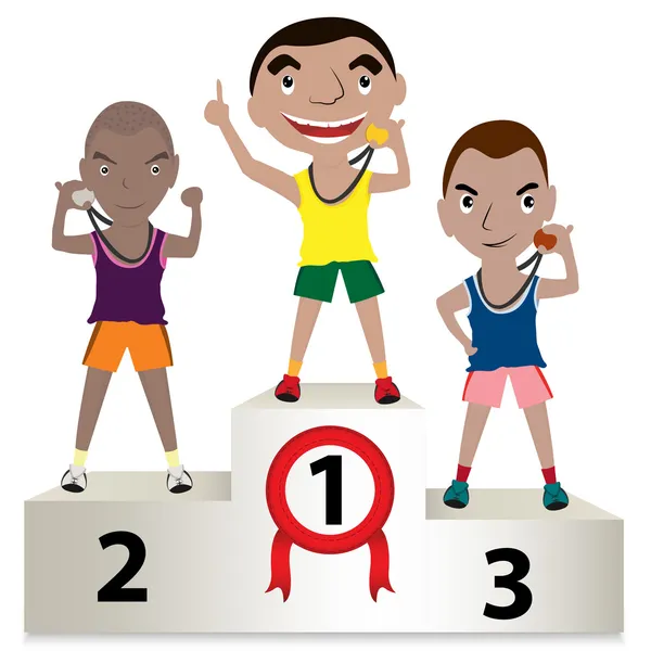 Young sports men winners podium — Stock Vector