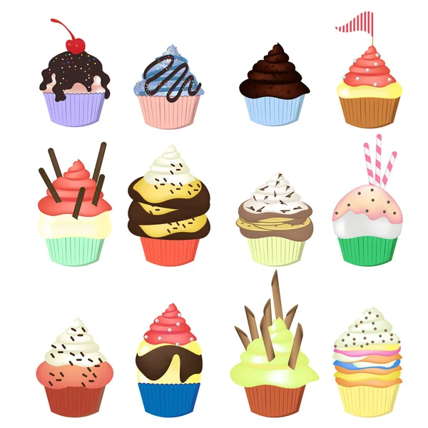 Ilustração de conjunto isolado de cupcakes sobre fundo branco — Vetor de Stock