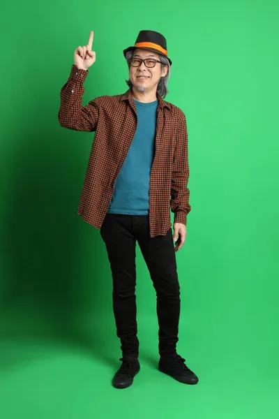 Senior Asian Man Dressing Thanksgiving Season Color Theme Wearing Orange — Stock Photo, Image