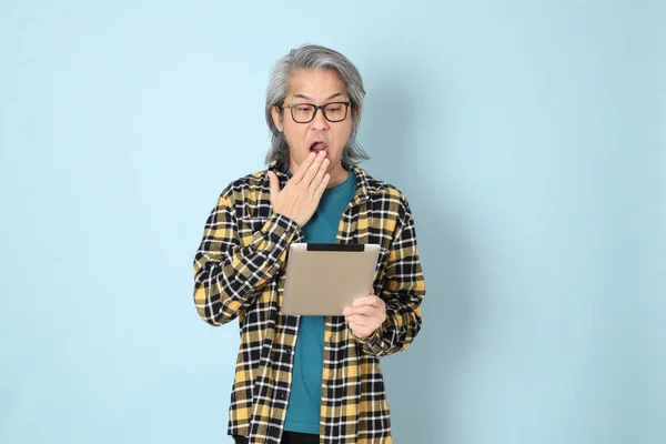 Senior Asian Man Yellow Plaid Shirt Standing Blue Background — Stock Photo, Image